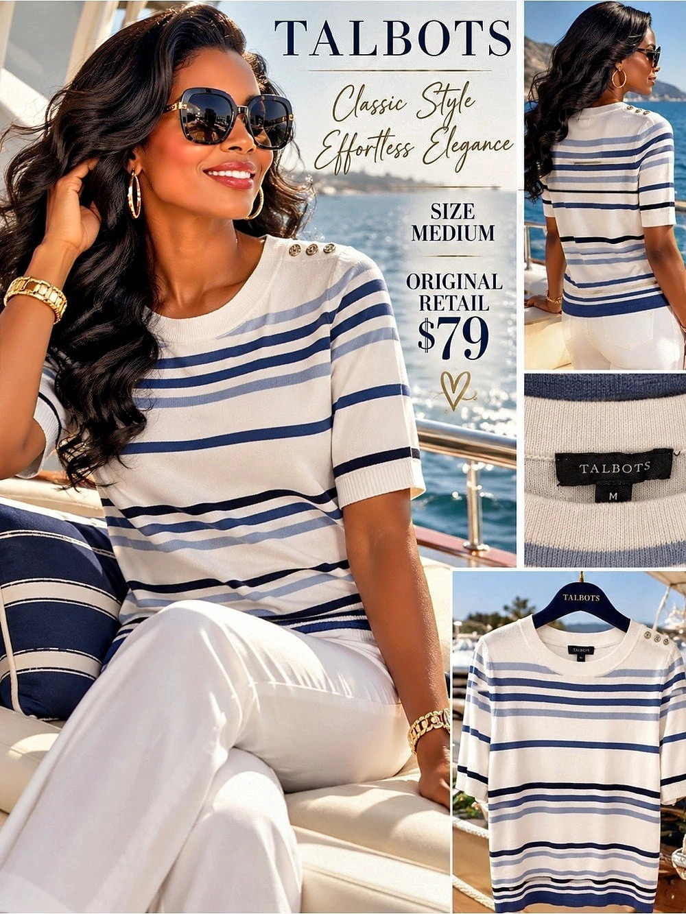 Talbots Striped Short Sleeve Sweater White & Blue Size Medium